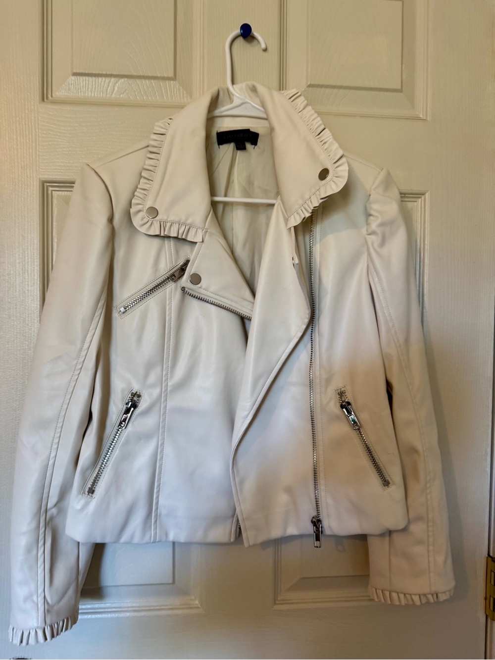 Dance & Marvel Cream Faux Leather Ruffle Collar Moto Jacket